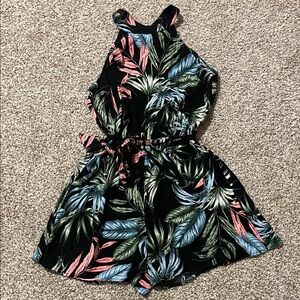 Blue Rain Black Tropical Leaf Print Romper
